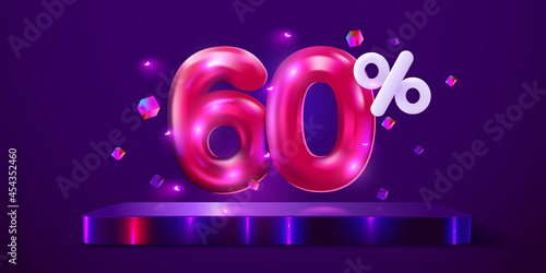 60 percent Off. Discount creative composition. Mega sale neon banner.