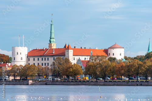 Panoramic view of Riga castle or Rigas pils known as official residence of the President of Latvia. Autumn day in Riga. Old town and Daugava river