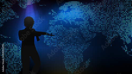 abstract futuristic technology background of silhouette man with ak 47 gun and african map