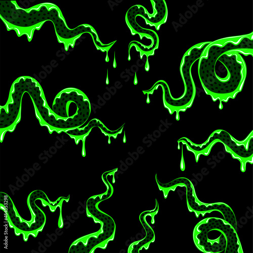 green tentacles of a monster with dripping slime on a black background. Halloween banner