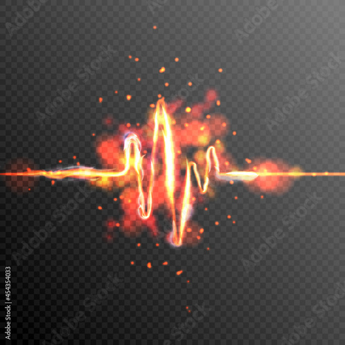 Heart beat 3D wave on transparent background. Abstract heartbeat or cardiogram in form of fire with sparks.