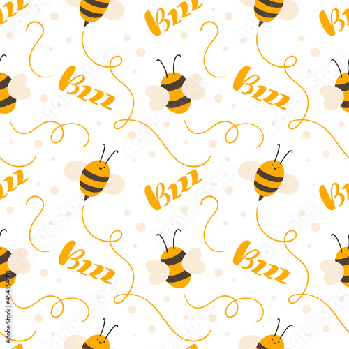 Cute child seamless hand drawn pattern with flying kid bee and calligraphy text Bzzz. Vector scandinavian baby summer illustration