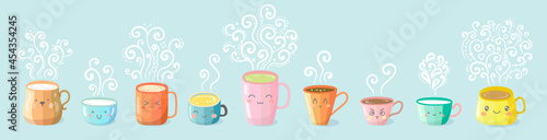 Vector set of kawaii cute characters cups with smoke.