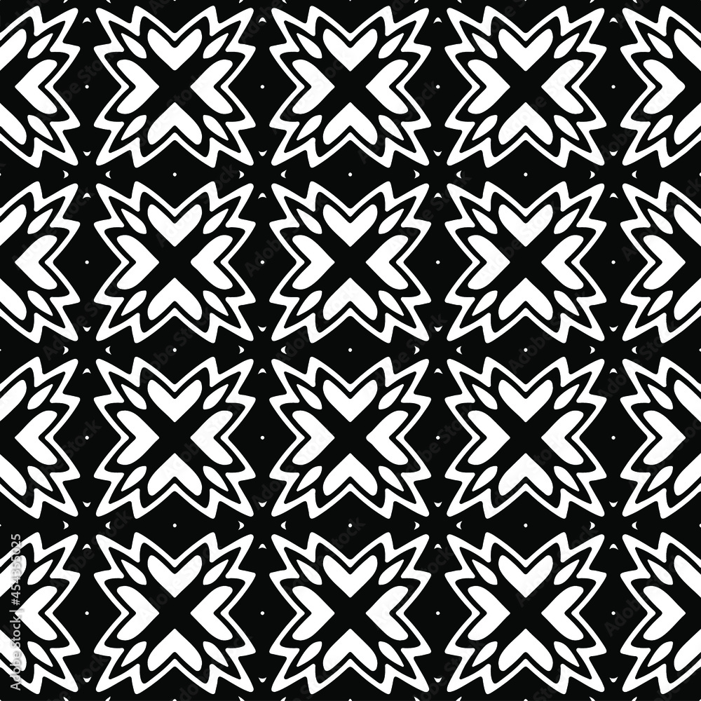 Flower geometric pattern. Seamless vector background. White and black ornament. Ornament for fabric, wallpaper, packaging. Decorative print Flower geometric pattern. Seamless vector background. White and black ornament. Ornament for fabric, wallpaper, packaging. Decorative print