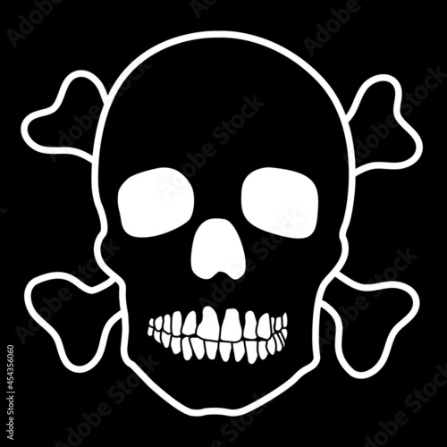 Human skull skeleton on black background. Vector drawing.