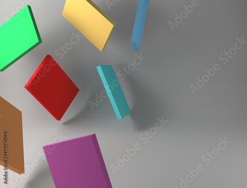 Colorful geometric background. Bright squares on a gray background with copy space. Minimalistic style. 3D rendering.