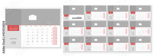 Desktop Monthly Photo Calendar 2022. Simple monthly horizontal photo calendar Layout for 2022 year in English. Cover Calendar and 12 months templates. Week starts from Monday. Vector illustration