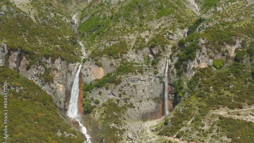 Aerial view to the Katarraktis twin Waterfalls of Arta in Tzoumerka, Trikala, Greece Aerial view to the Katarraktis twin Waterfalls of Arta in Tzoumerka, Trikala, Greece
