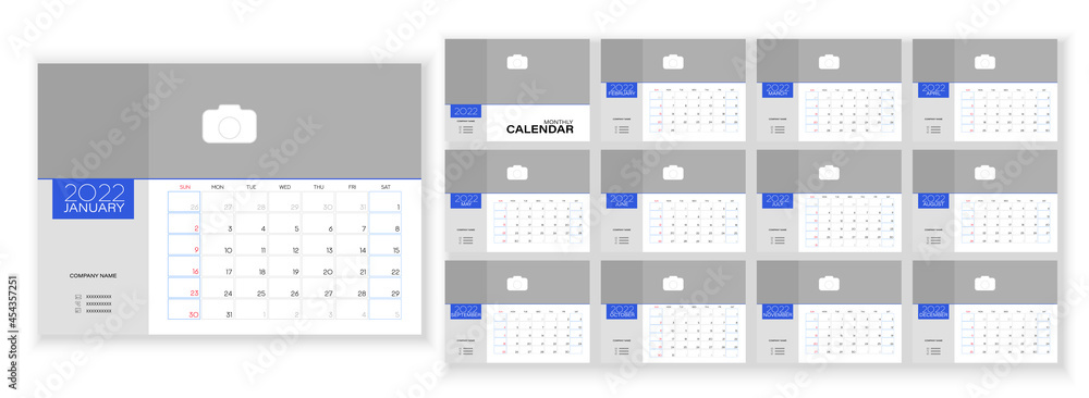 Desktop Monthly Photo Calendar 2022. Simple monthly horizontal photo calendar Layout for 2022 year in English. Cover Calendar and 12 months templates. Week starts from Sunday. Vector illustration Desktop Monthly Photo Calendar 2022. Simple monthly horizontal photo calendar Layout for 2022 year in English. Cover Calendar and 12 months templates. Week starts from Sunday. Vector illustration