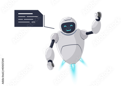 Cute friendly smiling robot character greets. Futuristic white chatbot mascot and speech bubble. Tech cartoon online bot communication. Robotic AI assistance talk vector isolated illustration