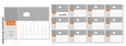 Desktop Monthly Photo Calendar 2022. Simple monthly horizontal photo calendar Layout for 2022 year in English. Cover Calendar and 12 months templates. Week starts from Sunday. Vector illustration