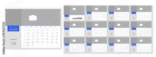 Desktop Monthly Photo Calendar 2022. Simple monthly horizontal photo calendar Layout for 2022 year in English. Cover Calendar and 12 months templates. Week starts from Sunday. Vector illustration