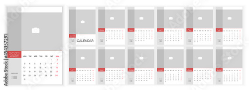 Wall Monthly Photo Calendar 2022. Simple monthly vertical photo calendar Layout for 2022 year in English. Cover Calendar, 12 months templates. Week starts from Monday. Vector illustration