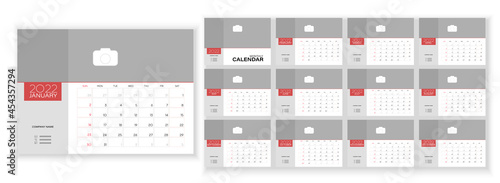 Desktop Monthly Photo Calendar 2022. Simple monthly horizontal photo calendar Layout for 2022 year in English. Cover Calendar and 12 months templates. Week starts from Sunday. Vector illustration