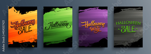 Happy Halloween holiday backgrounds set with black brush strokes and hand lettering text Halloween Sale, Halloween Party. Vector illustration.	