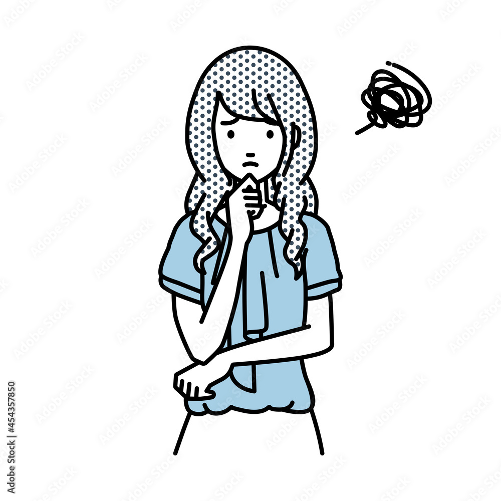 立って手をあごにあてて困っているオフィスカジュアルの女性 立って手をあごにあてて困っているオフィスカジュアルの女性