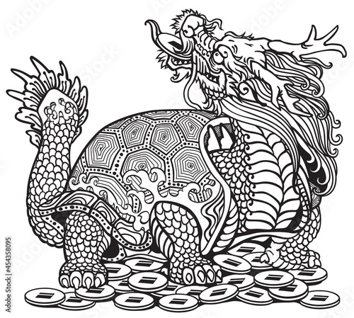 Dragon Turtle Tortoise sitting on a lot of coins. Mythological Chinese creature. Celestial Feng Shui animal. Black and white isolated vector illustration