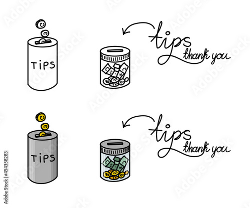 Tip box with cash. Colorful and black an white. Thanks for the service. Money for servicing. Good feedback or donation. Gratuity concept. Lettering compositin, vector illustration.