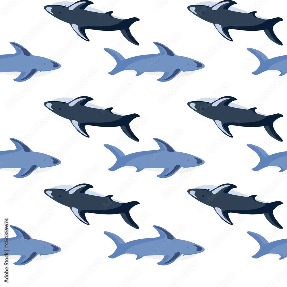 Seamless isolated pattern with blue shark shapes print. White background. Ocean underwater ornament. Seamless isolated pattern with blue shark shapes print. White background. Ocean underwater ornament.