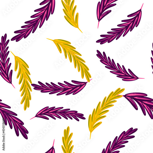Isolated seamless pattern with purple and yellow random rosemary ornament. White background. photo