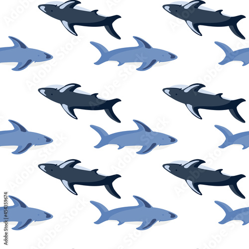 Seamless isolated pattern with blue shark shapes print. White background. Ocean underwater ornament.