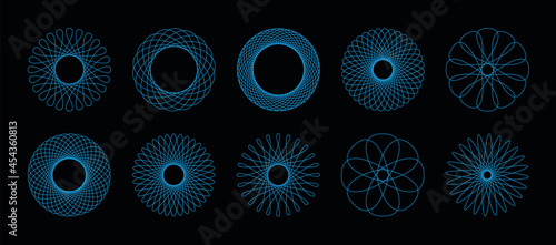 Spirograph pattern - geometric circular graphics - blue flowers - isolated vector illustration on black background.
