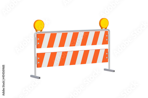 Striped road barrier, hurdle with yellow lamps isolated on white background. 3d render