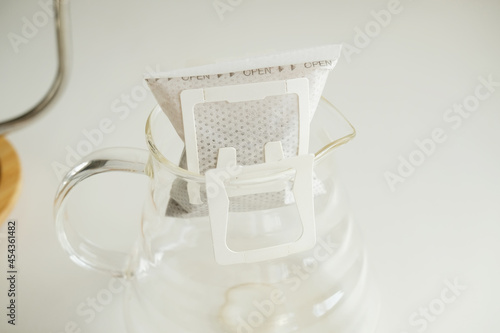 Drip bag coffee closeup. Easy simple brewing method, new trend