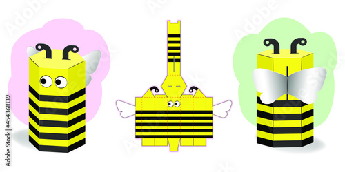 Bee Shaped Gift Box Design for candy. Cardboard Die Cut not Glued, can be Opened and Closed Multiple Times. Pinata for Children's Crafts and Holiday. Three-Dimensional Laser Cutting Template