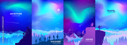 Northern Lights, Aurora in the Arctic, Night boreal. Travel concept of discovering, exploring, observing nature. Hiking tourism. Adventure. Minimalist graphic flyers set. Polygonal flat design. Vector