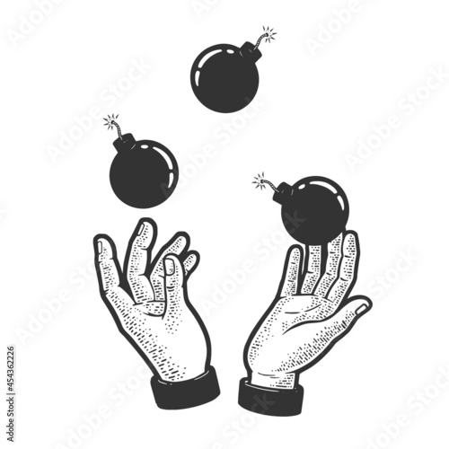 juggling bombs sketch engraving vector illustration. T-shirt apparel print design. Scratch board imitation. Black and white hand drawn image.