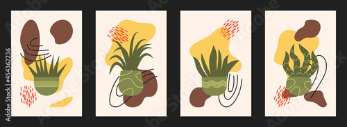 Set of 4 floral in pot. Wall modern aesthetic posters vector illustration