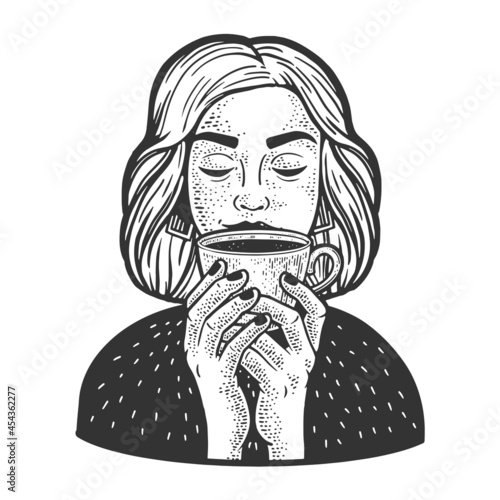 girl smelling cup of coffee sketch engraving vector illustration. T-shirt apparel print design. Scratch board imitation. Black and white hand drawn image.