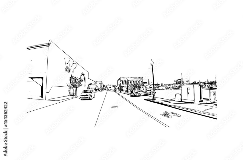 Building view with landmark of Hattiesburg is the
city in Mississippi. Hand drawn sketch illustration in vector.