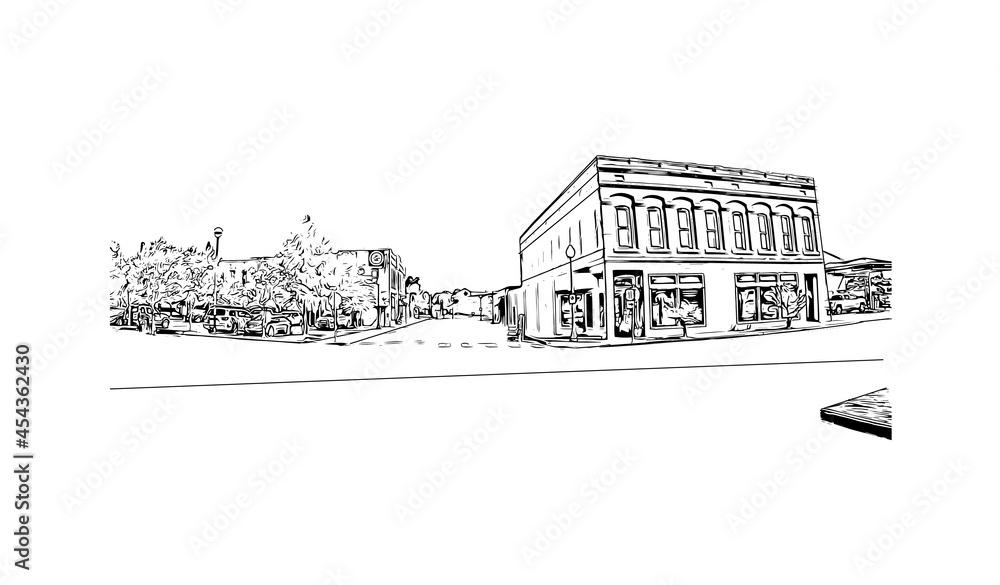 Building view with landmark of Hattiesburg is the
city in Mississippi. Hand drawn sketch illustration in vector.