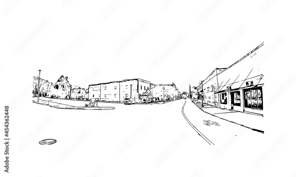 Obraz premium Building view with landmark of Hattiesburg is the city in Mississippi. Hand drawn sketch illustration in vector.