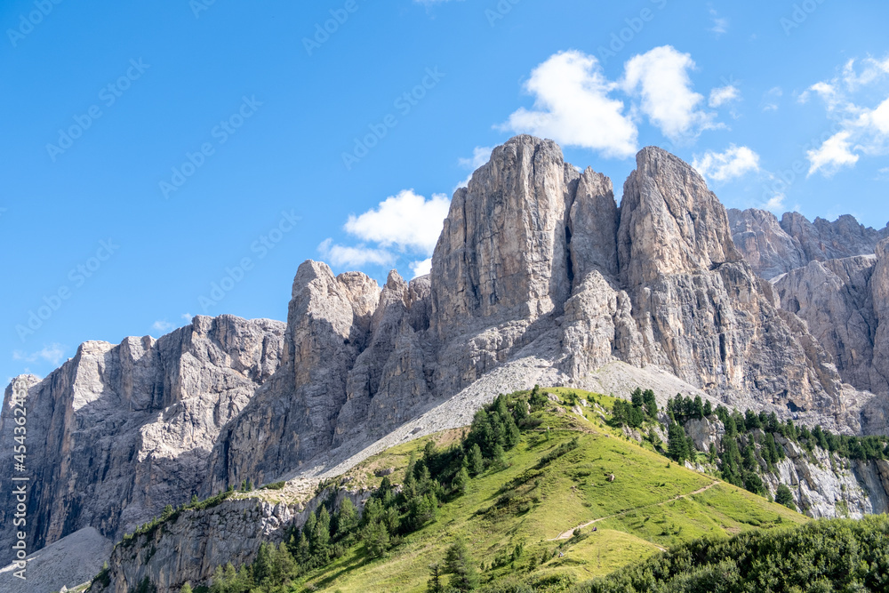 Alta Badia (Dolomiti) - August: Beautiful summer mountain view of Passo Sella and high peak Sassopiatto and Sassolungo, Langkofel, Dolomiti, Sella group. Green meadows and pastures, alpine dolomites