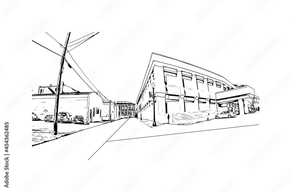 Building view with landmark of Hattiesburg is the
city in Mississippi. Hand drawn sketch illustration in vector.