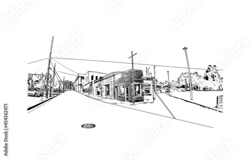 Building view with landmark of Hattiesburg is the 
city in Mississippi. Hand drawn sketch illustration in vector.
