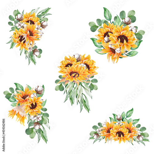 Watercolor sunflower eucalyptus, rustic fall floral bouquets, perfect to use on the web or in print © Andreea Eremia 