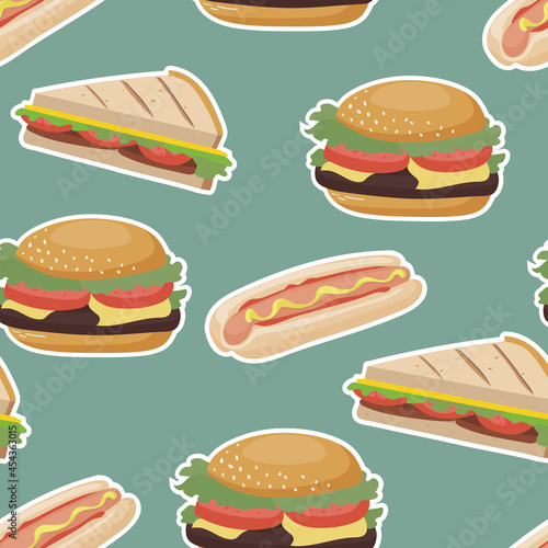 Seamless pattern with fast food. With hamburgers  sandwiches and hotdogs. Vector background with cartoon delicious elements