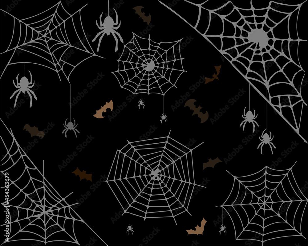 Halloween background with spiders, cobwebs, bats on a black background pattern