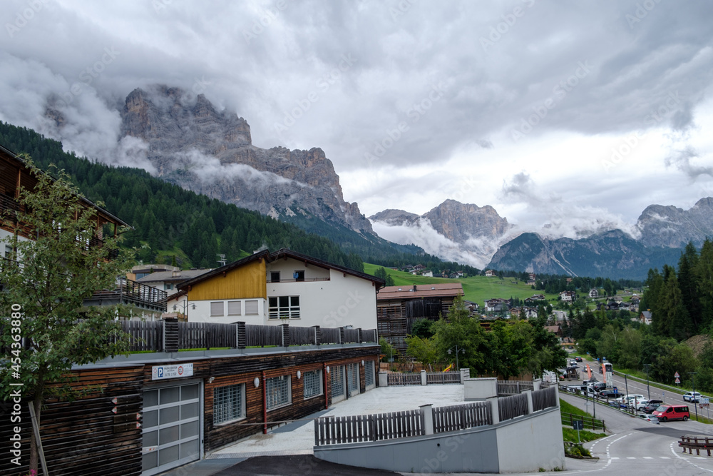 Corvara - August 2020: view of the center of San Cassiano with Dolomiti on the background