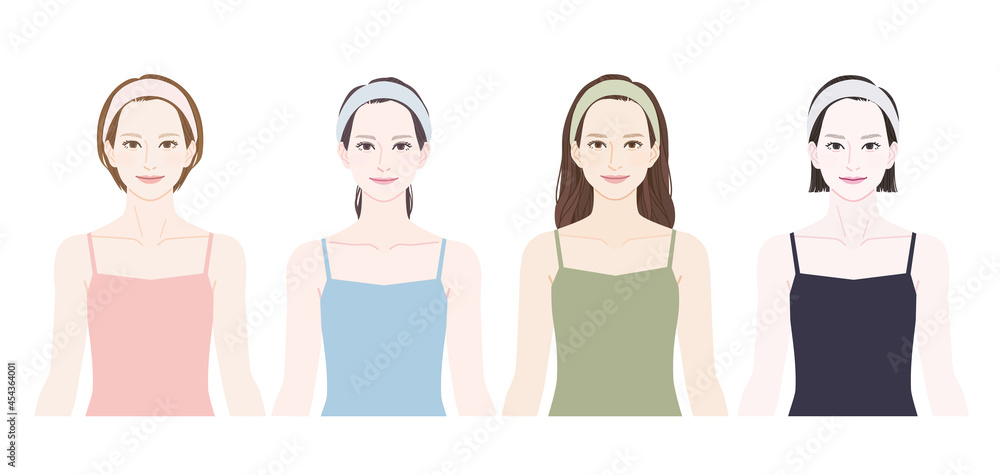 Four women with different faces, skin, hairstyles and physiques. Four women with different faces, skin, hairstyles and physiques.