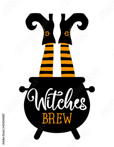 Witches brew, Witch's brew - Halloween quote on white background with broom, bat and witch hat. Good for t-shirt, mug, home decor, gift, printing press. Holiday quote. Happy Halloween, trick or treat!