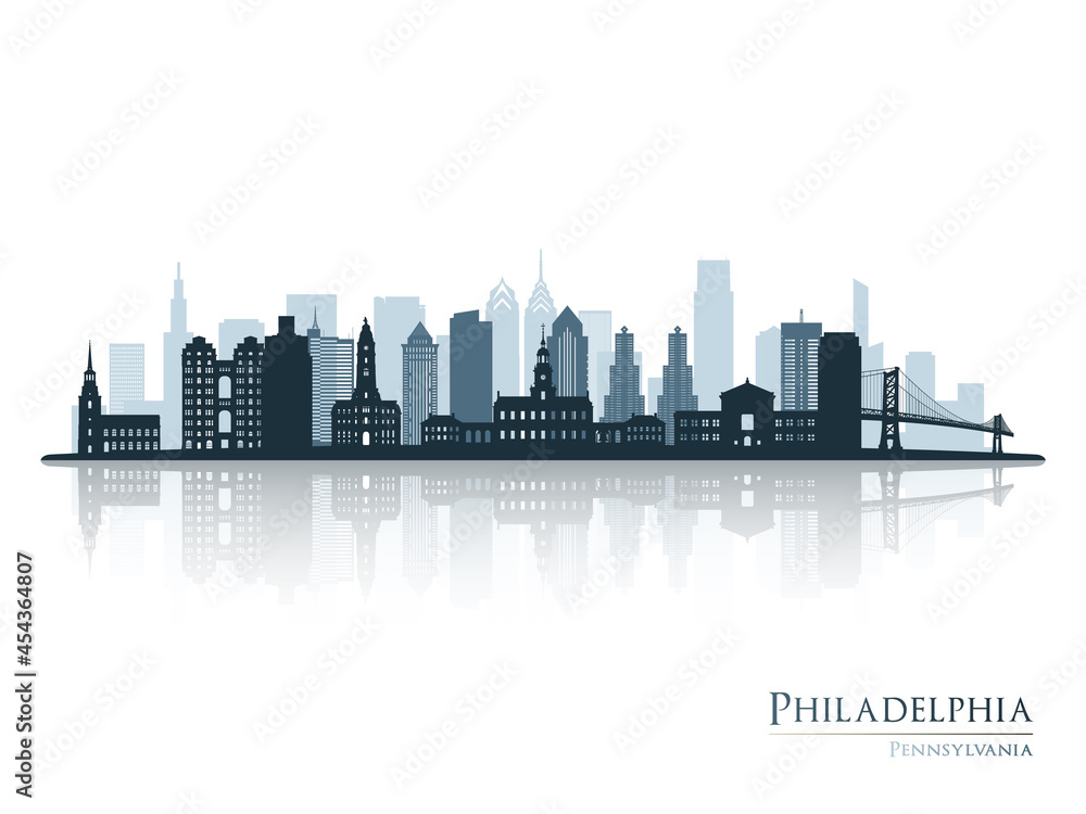 Philadelphia skyline silhouette with reflection. Landscape Philadelphia, Pennsylvania. Vector illustration.