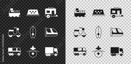 Set Cargo ship with boxes delivery, Taxi car roof, Rv Camping trailer, Bus, Submarine, Delivery cargo truck, Scooter and Surfboard icon. Vector