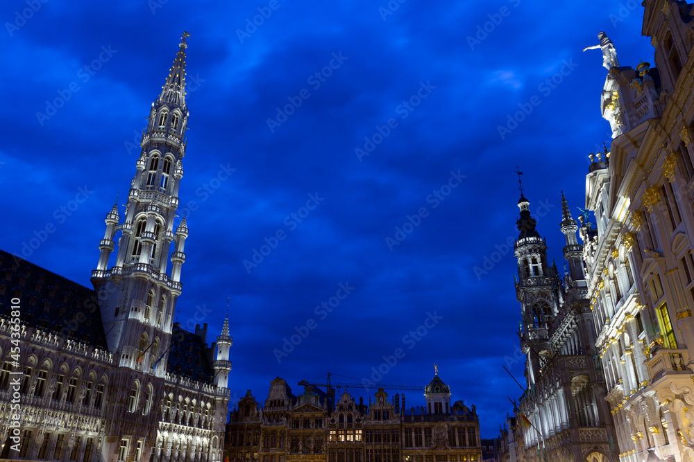 The Grand Place the central square of Brussels with the Town Hall on a summer evening