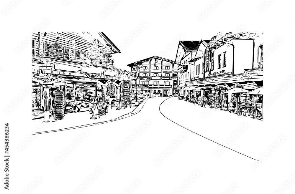 Building view with landmark of Heiligenblut  is the 
municipality in Austria. Hand drawn sketch illustration in vector.