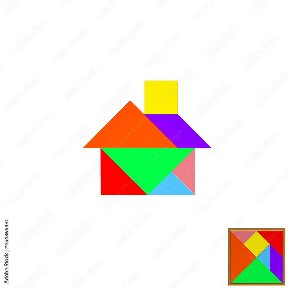 Colorful tangram puzzle with house on white background,3D Rendering Colorful tangram puzzle with house on white background,3D Rendering